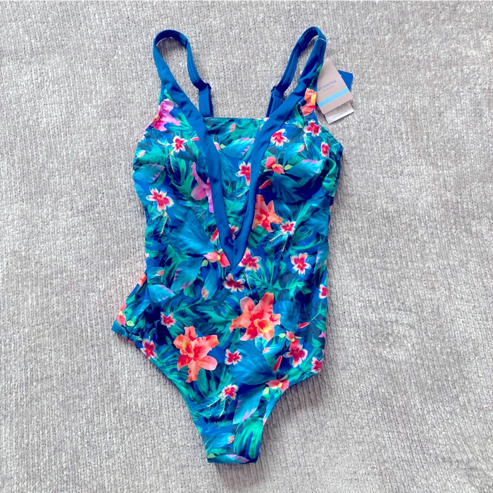 Amoena Mauritius Tropical Floral One Piece Swimsuit Size 8 NWT Blue